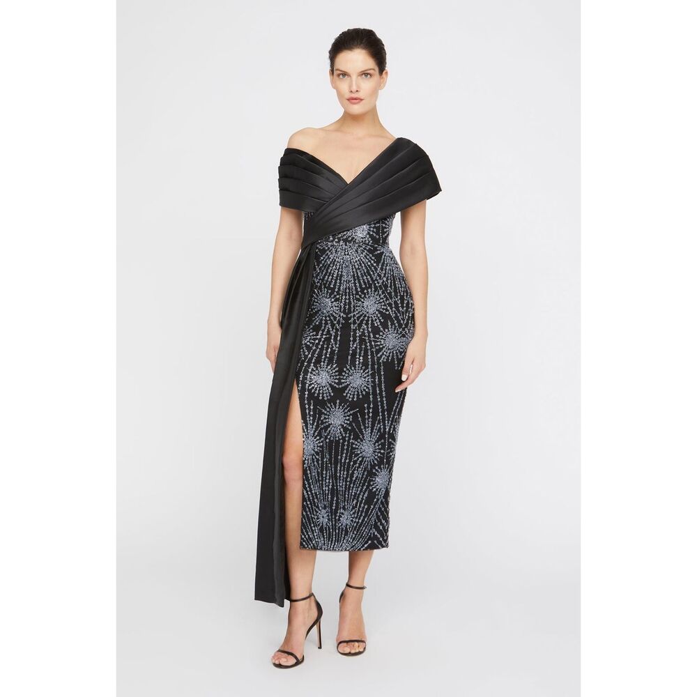 THEIA Kelly Beaded Column Dress in Black Silver Size US 4 $745